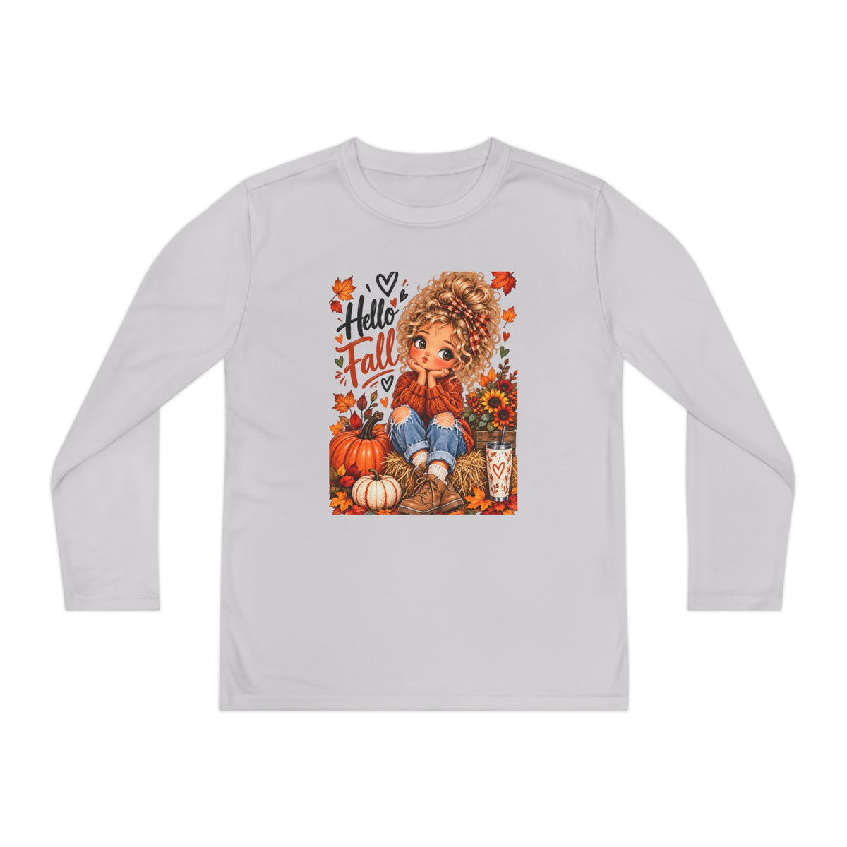Youth Long Sleeve Tee — "Hello Fall" Pumpkin Girl Autumn Design