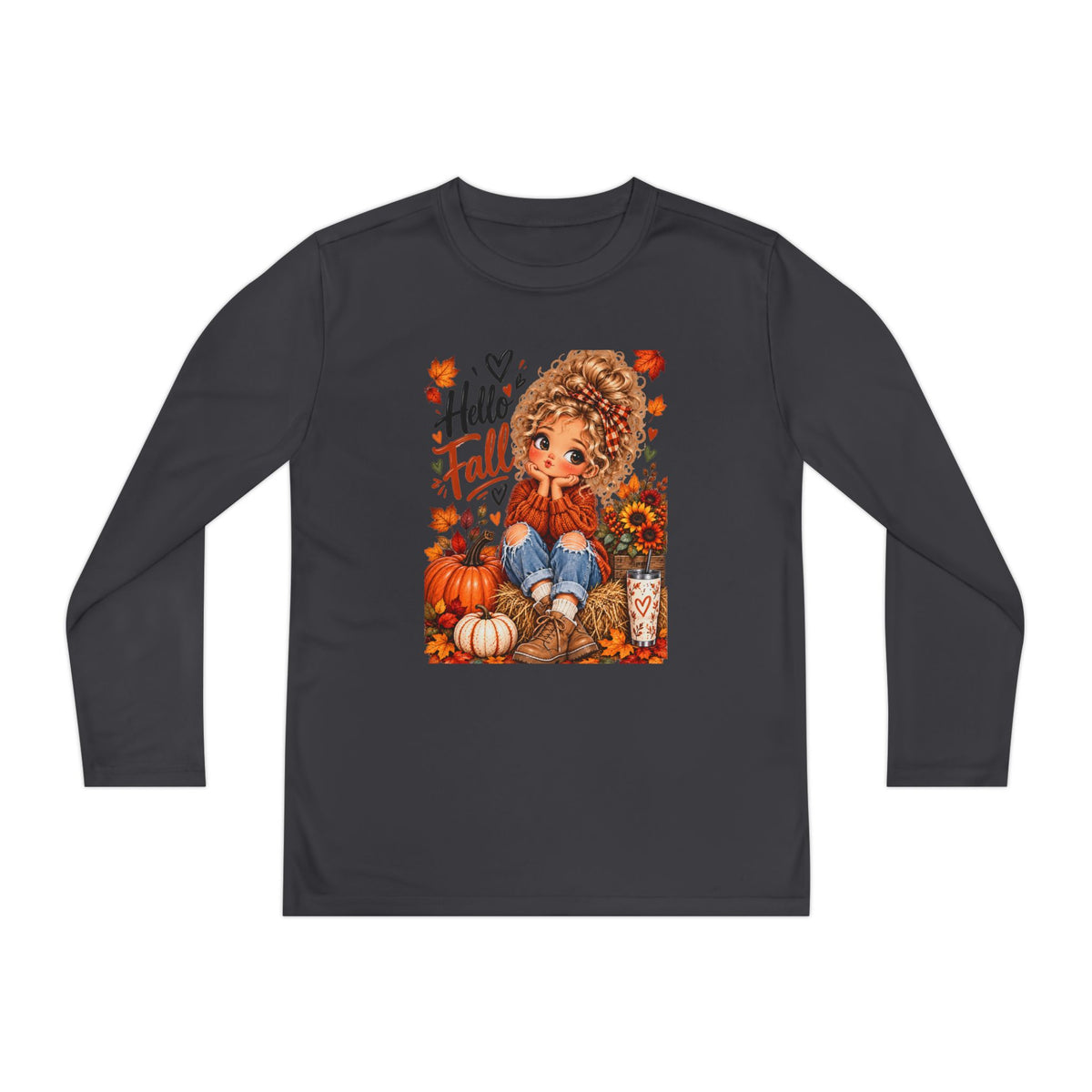 Youth Long Sleeve Tee — "Hello Fall" Pumpkin Girl Autumn Design