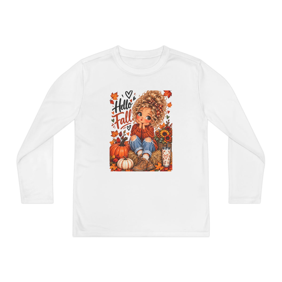 Youth Long Sleeve Tee — "Hello Fall" Pumpkin Girl Autumn Design