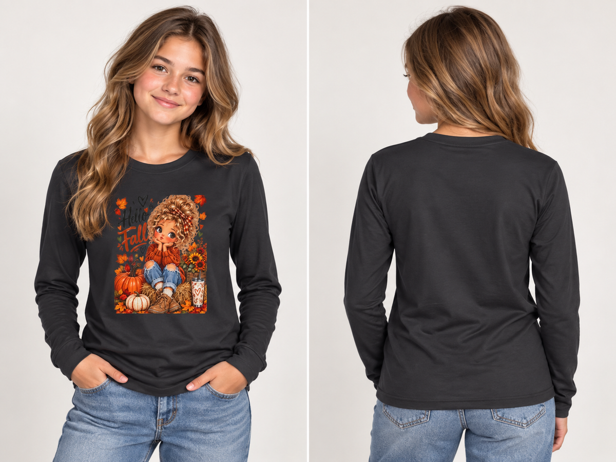 Youth Long Sleeve Tee — "Hello Fall" Pumpkin Girl Autumn Design