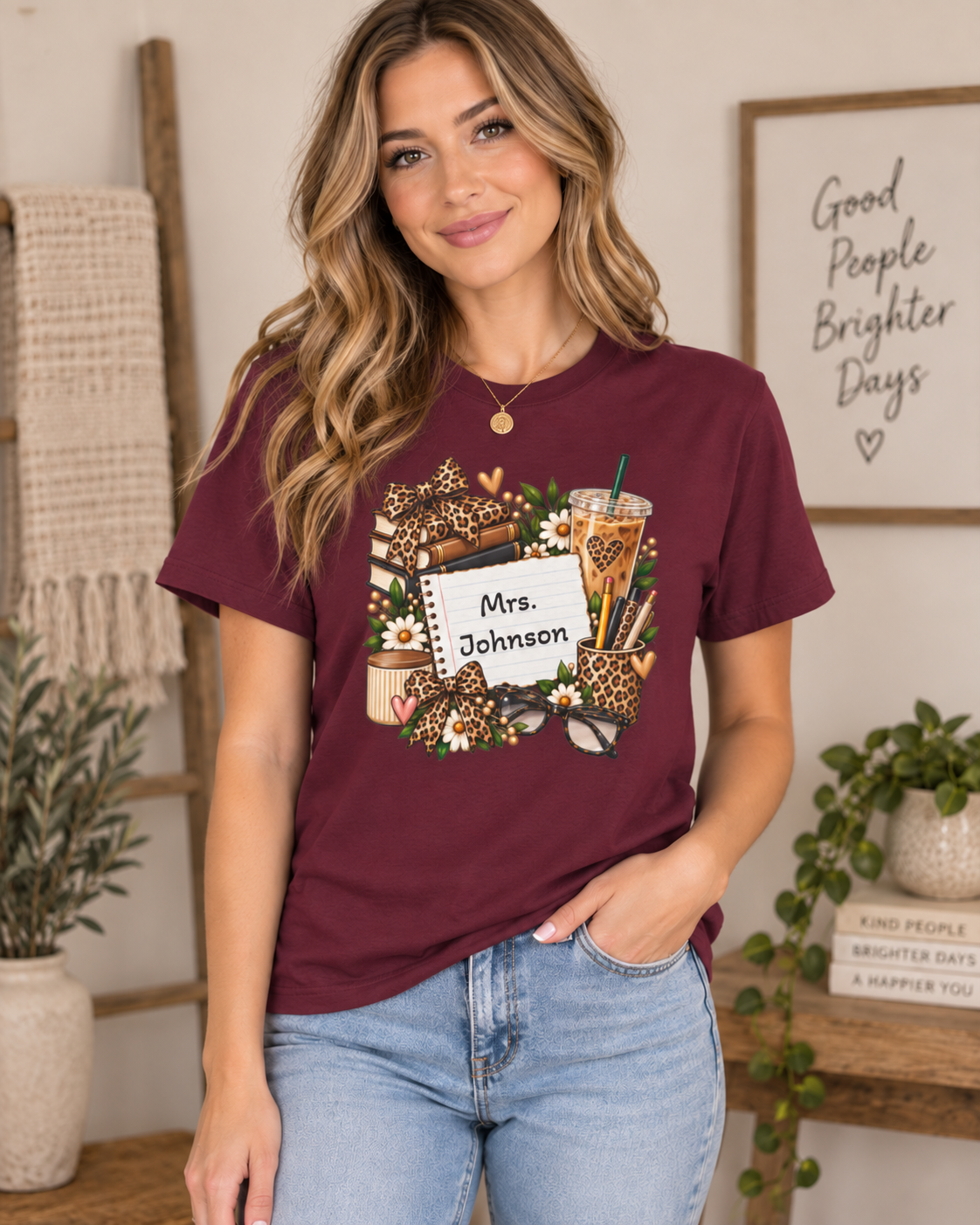 Personalized Teacher Tee — Floral Leopard Coffee Shirt