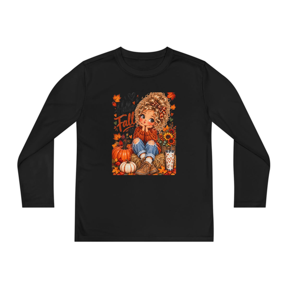 Youth Long Sleeve Tee — "Hello Fall" Pumpkin Girl Autumn Design