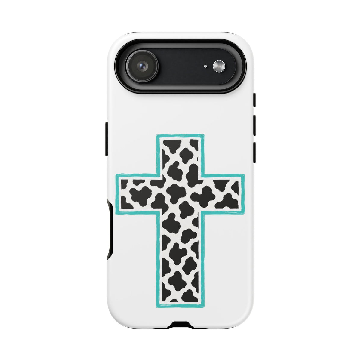 Cow Print Cross Tough Phone Case — Protective Religious Design with Turquoise Outline